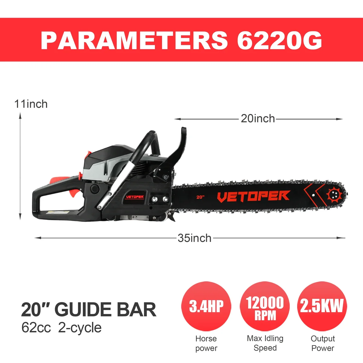 Vetoper Gas Chainsaw 62CC 20in. 6220G 2 Stroke Gasoline Powered Chain Saws Handheld for Home Garden 2037