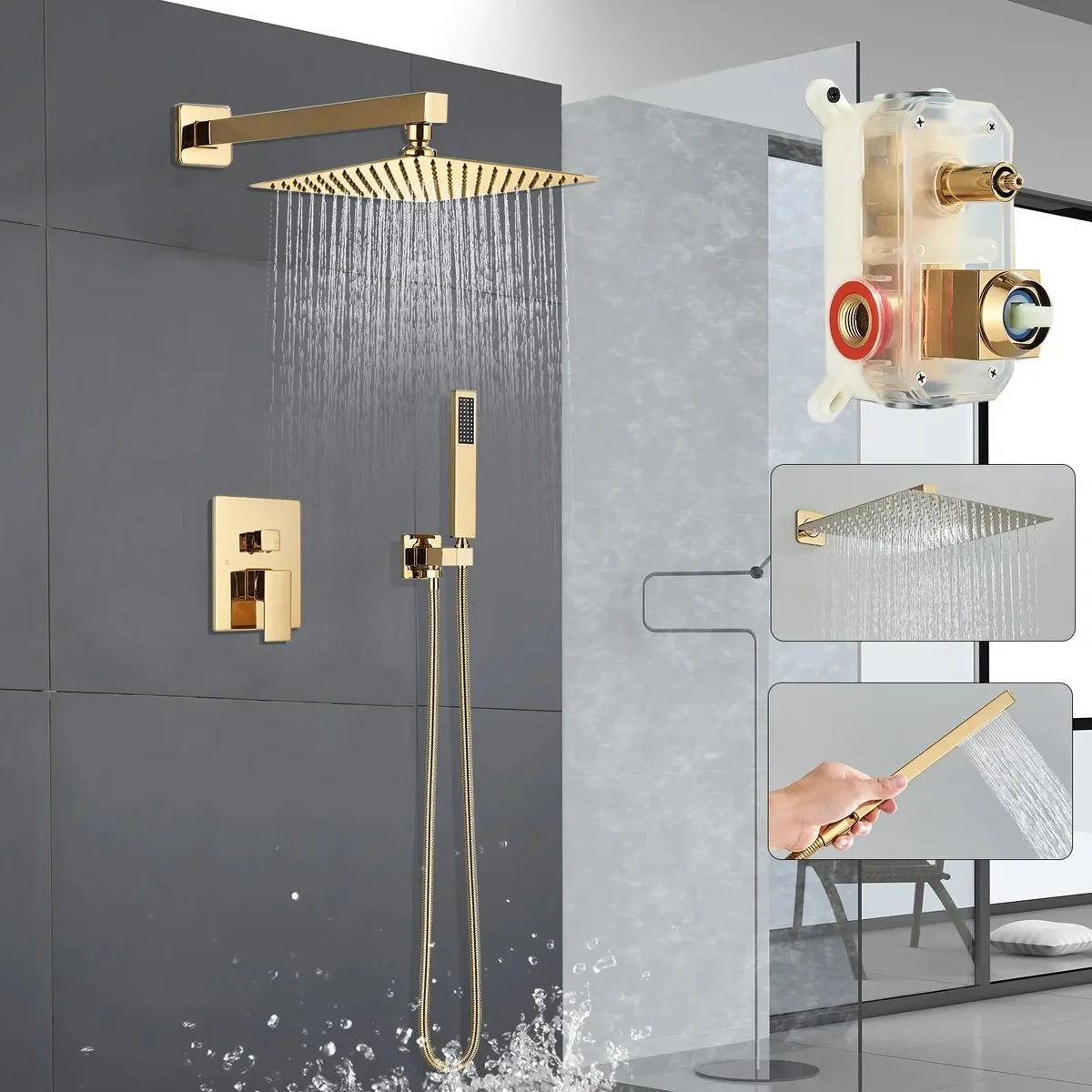 Everdaily Essentials Brushed Gold Shower Faucet Set with Valve 8 inch Rain Shower Head Combo System Ref. 5303