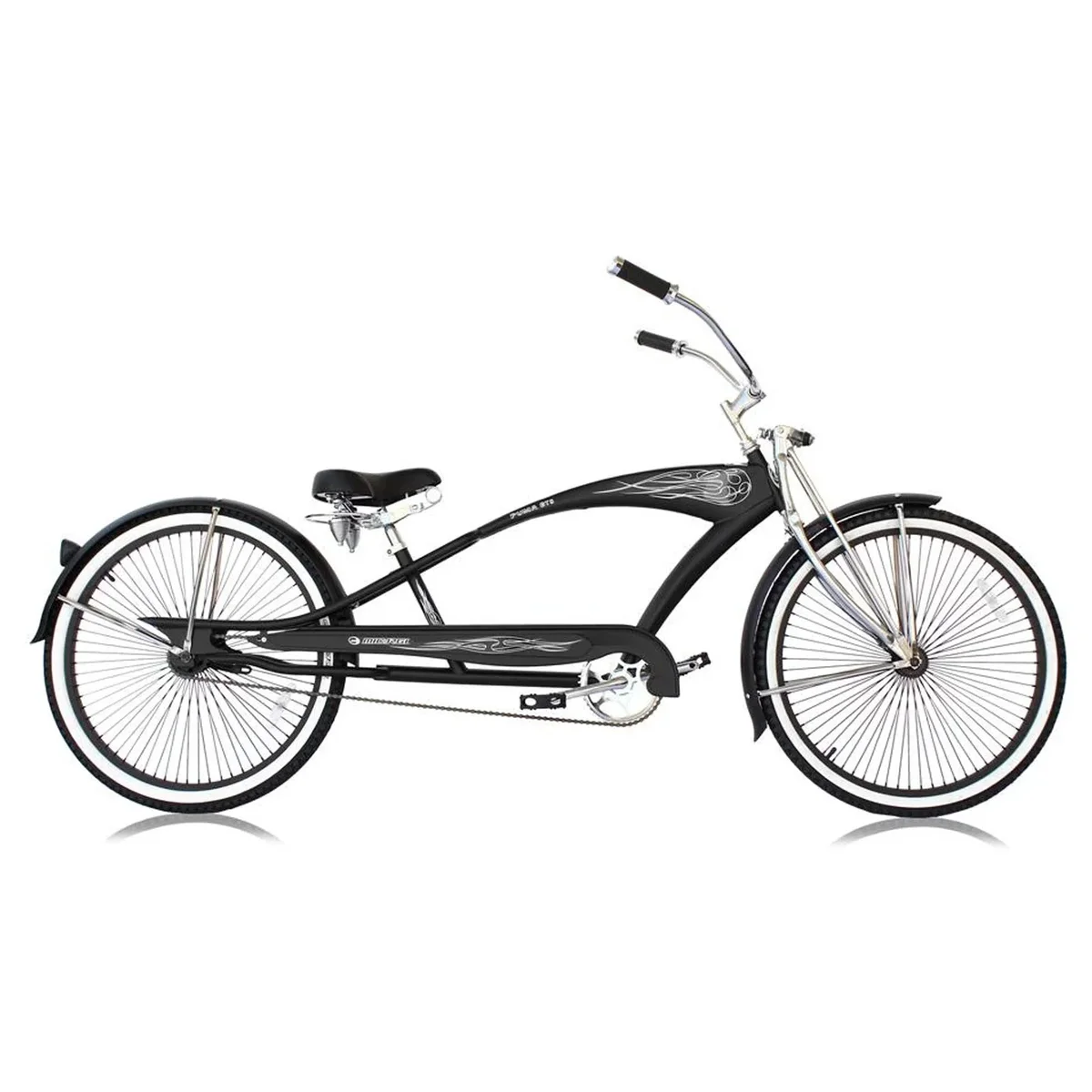 Micargi Puma GTS 26" Stretch Cruiser Coaster Brake Single Speed Black Spokes Matte Black Rims 68H With White Wall 8665