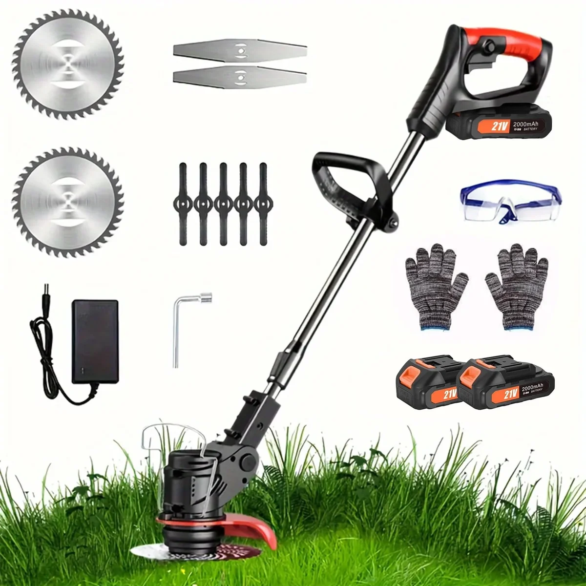 lemonenergy Cordless Lawn Mower, 21v Electric Weed Wacker Brush Cutter Rechargeable Electric Grass Trimmer with 2 Batteries, Handheld Weed Eater for Lawn Gar 4160