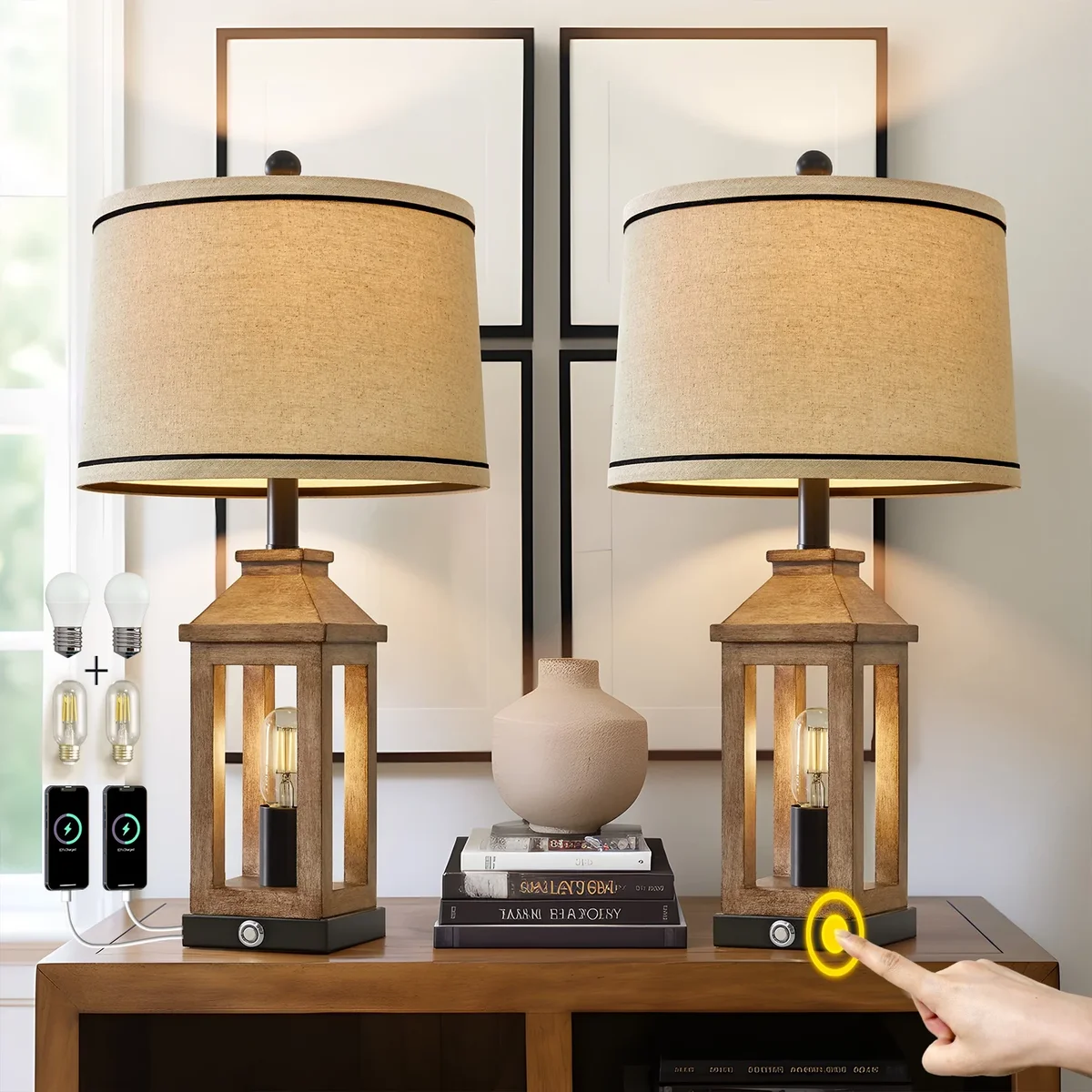 Oneach 23.75" MDF Plastic Brown Table Lamps Farmhouse Lamp Set of 2 for Living Room Bedroom Bedside Nightstand Lamps with USB A+C Ports(4 Bulbs) 0448