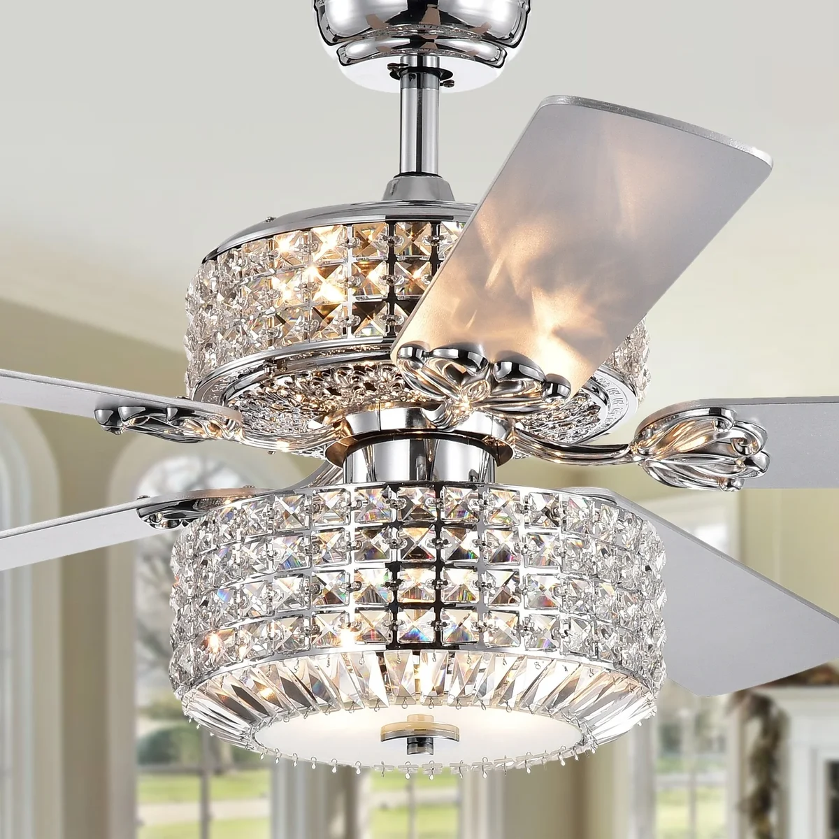 Everdaily Essentials Walter Dual Lamp Chrome 52-inch Lighted Ceiling Fan w Crystal Shades (includes Remote and Light Kit) 5937