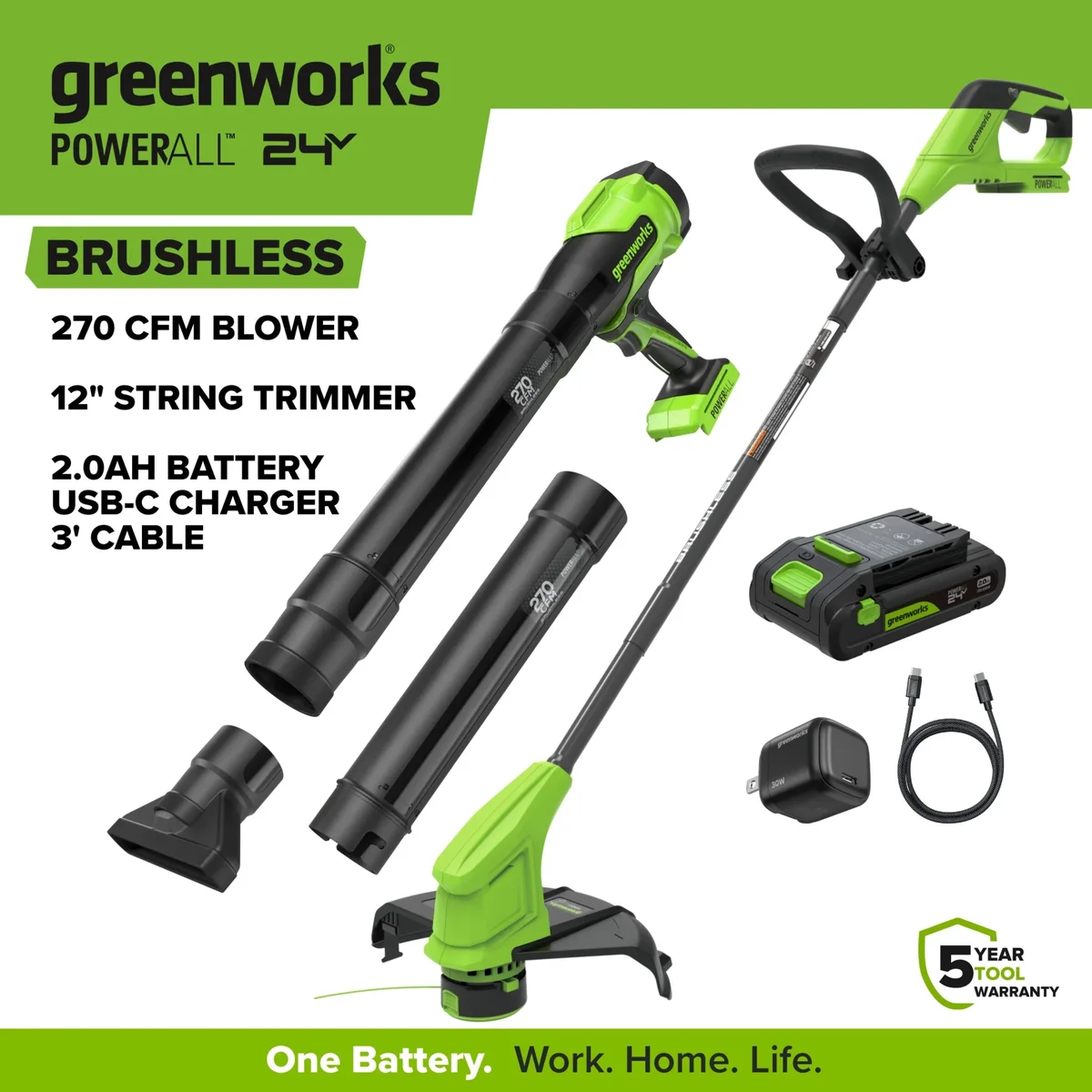 Greenworks PowerAll 24V 12" String Trimmer and 270CFM Handheld Blower Combo Kit, with (1) 3.0 Ah USB-C Batteries, 30W Charger CKS122A3 8931