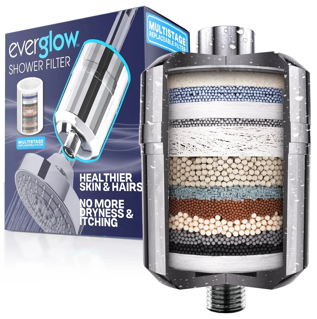 Bell + Howell Everglow Shower Head Filter Hard Water High Output Replaceable Multistage Remove Chlorine, Metal 5598