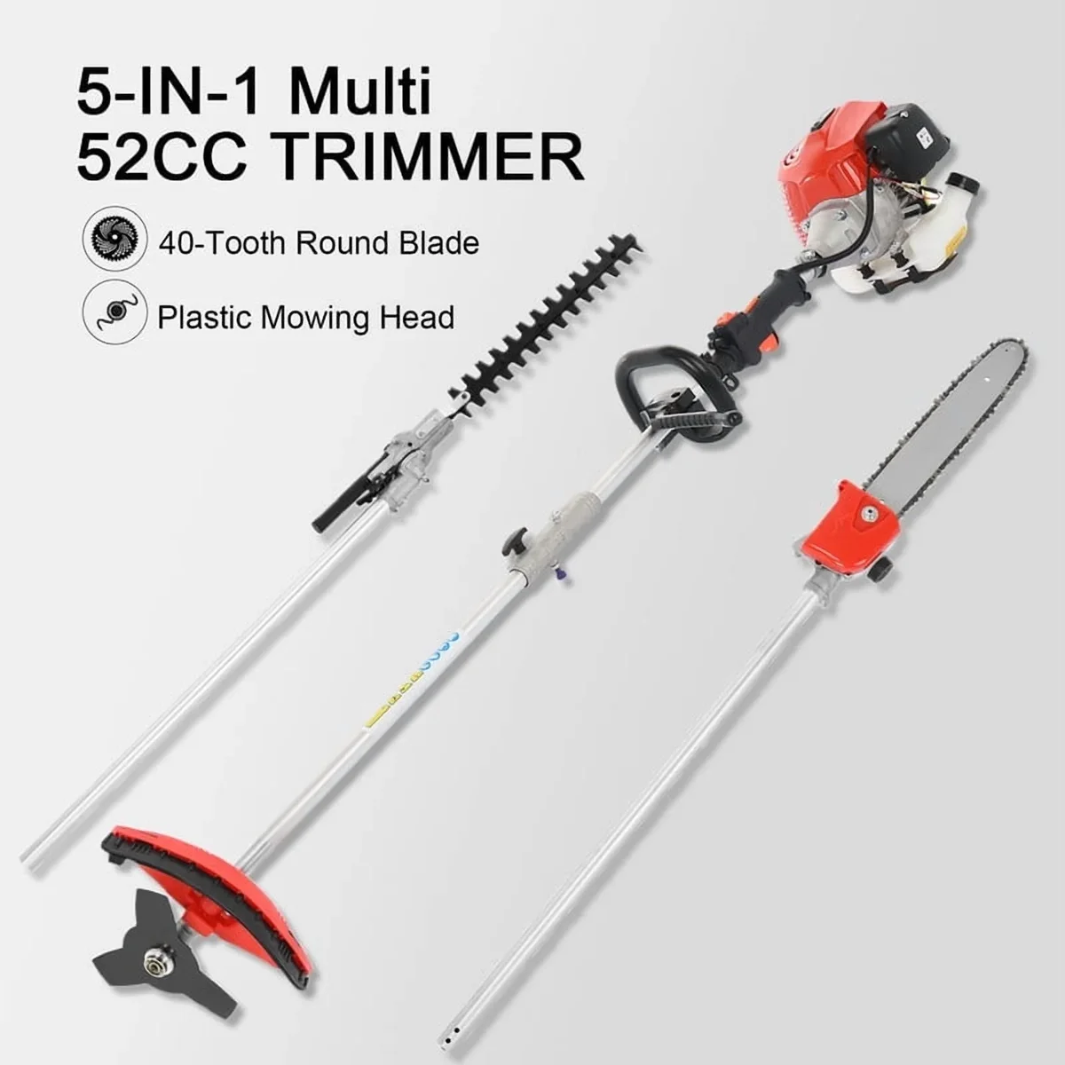 WETS Gas Weed Eater, 52cc 2-Stroke Weed Eater Gas Powe, 5 in 1 Multi-Functional Gas Weed Wacker with Full Functioning Guard Accessories Petrol Hedge T 6400