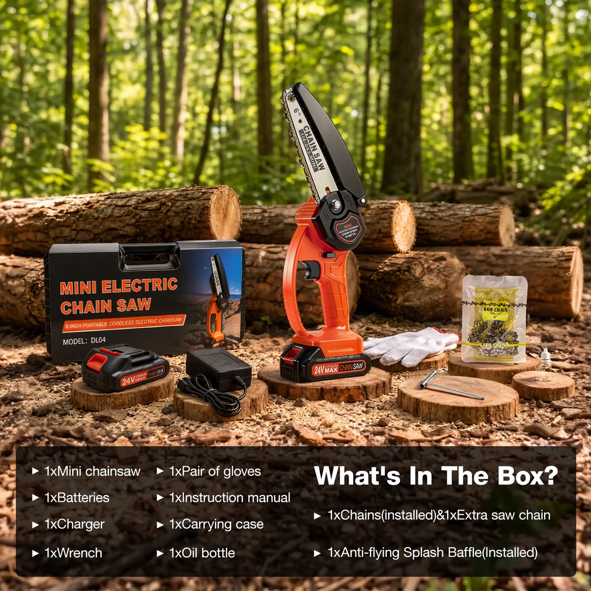 NEXPOW 6" Mini Chainsaw with 2 Batteries and 2 Chains, 24V Battery Powered Cordless Handheld Electric Chainsaw for Wood Cutting Tree Trimming, Po 5483