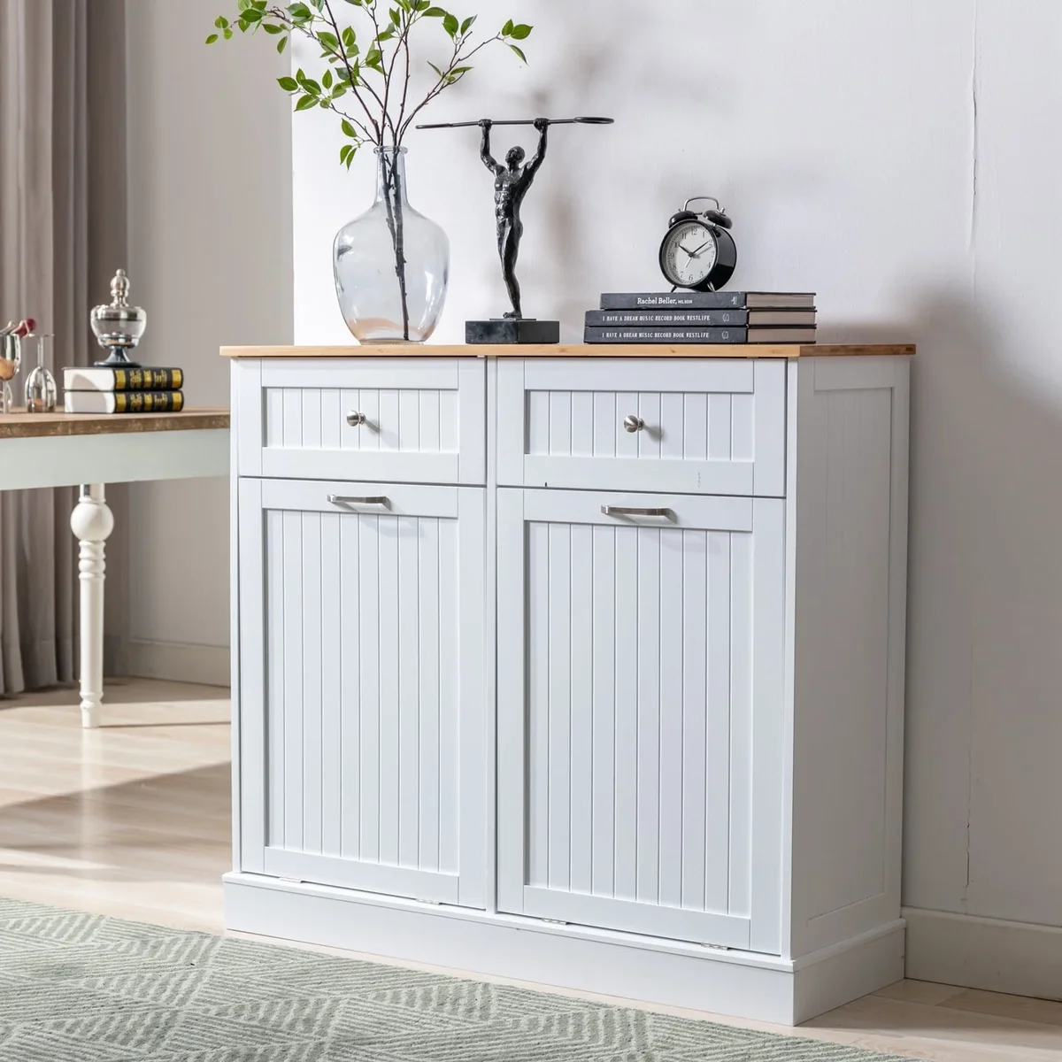 Yaoping Kitchen Double Trash Cabinet Tilt Out Free Standing Storage Can, Wood Garbage Recycling Station Hideaway Trash Holder Drawers(White-2) 0529