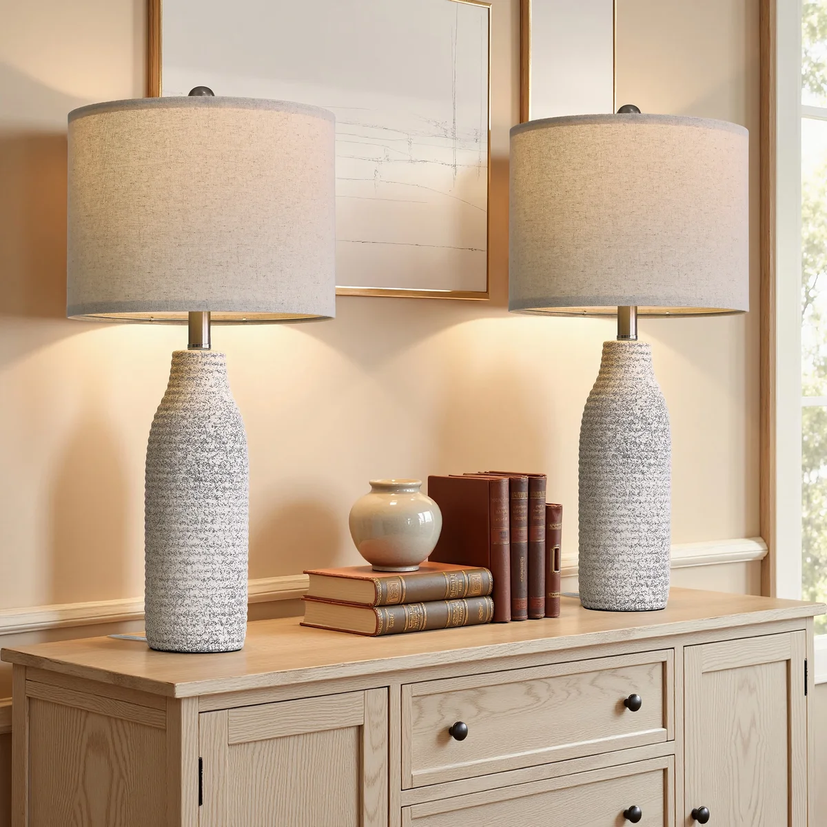 Everdaily Essentials 25" White Ceramic Table Lamps Set of 2 for Living Room Bedroom Modern Bedside Nightstand Lamps 8017