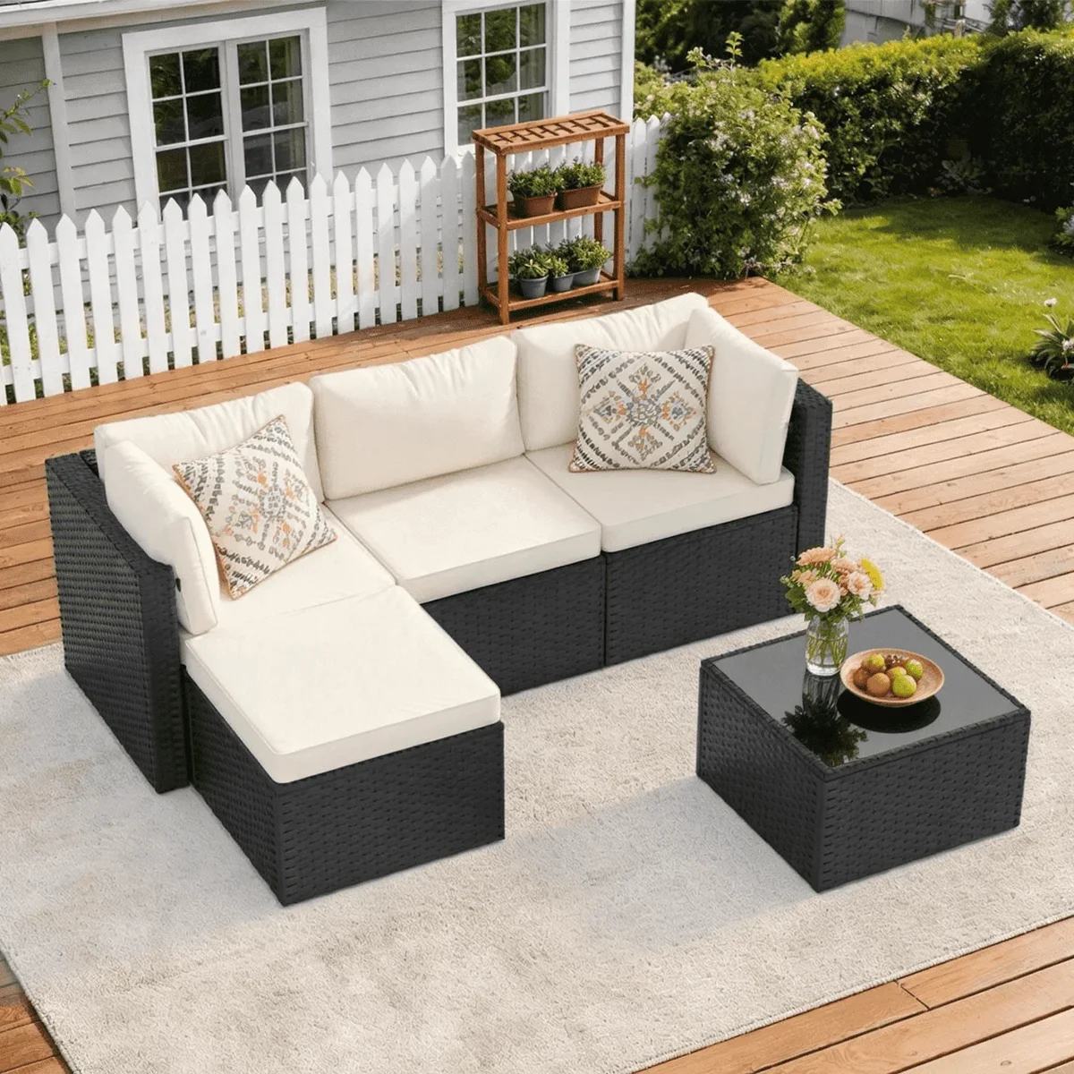 Clouddwell 5 Pieces Patio Furniture Set, All-Weather Wicker Rattan Patio Sectional Sofa Set with Coffee Table (Off-White) 0244