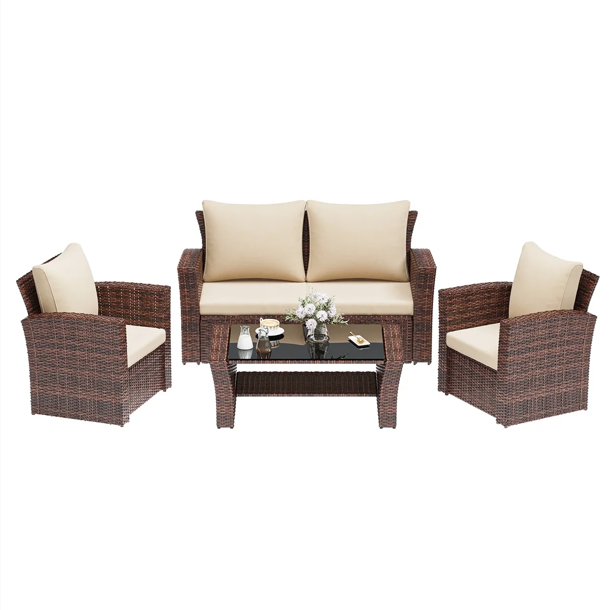 Mayincolor 4 Piece Outdoor Patio Furniture Sets, Wicker Conversation Set for Porch Deck, Brown Rattan Sofa Chair with Cushion 4680