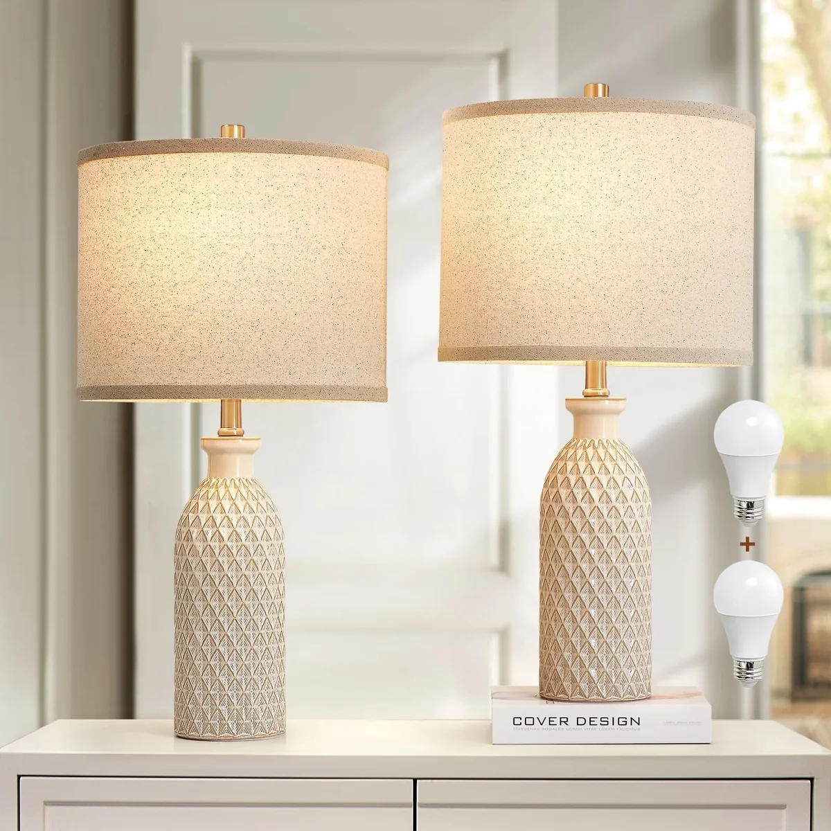 NATYSWAN Ceramic Table Lamps Set of 2, 24.8" Bedside Lamps with 3-Color Temperature, Modern Nightstand Lamp Desk Reading Lamp with Fabric Drum Sh 5887