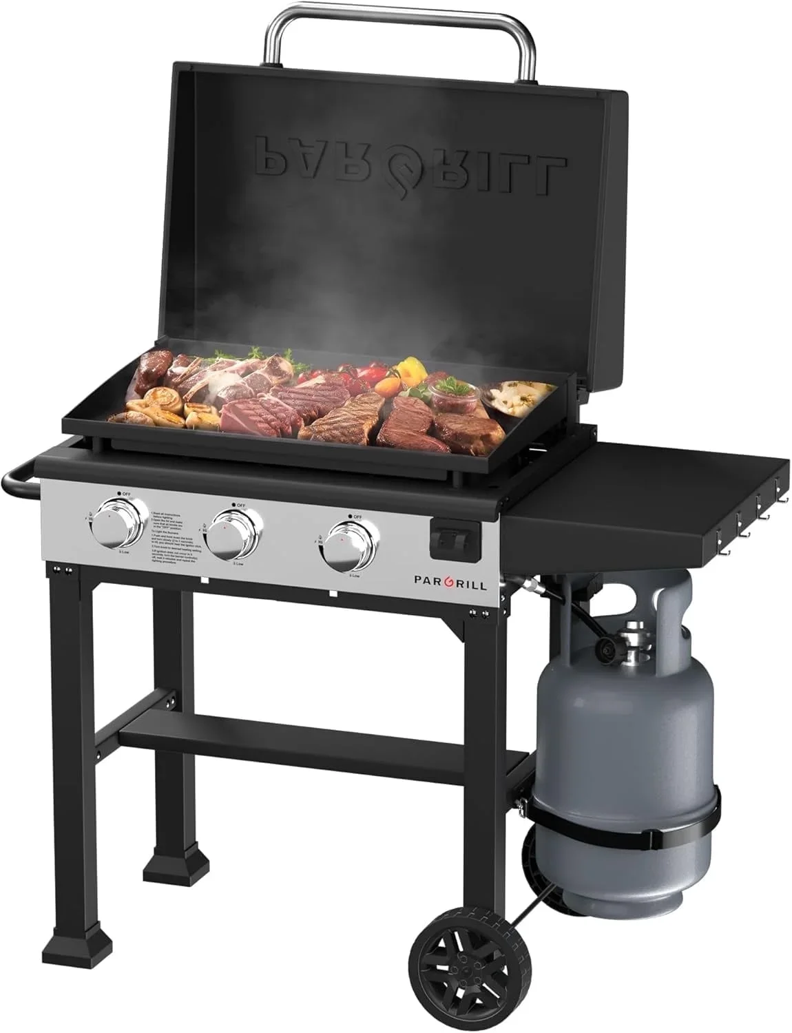 ‎PARGRILL 28" Flat Top Gas Grill Griddle, 3 Independent Burners Propane Heavy Duty Grill Station with Side Shelves for Backyard Outdoor BBQ 7281