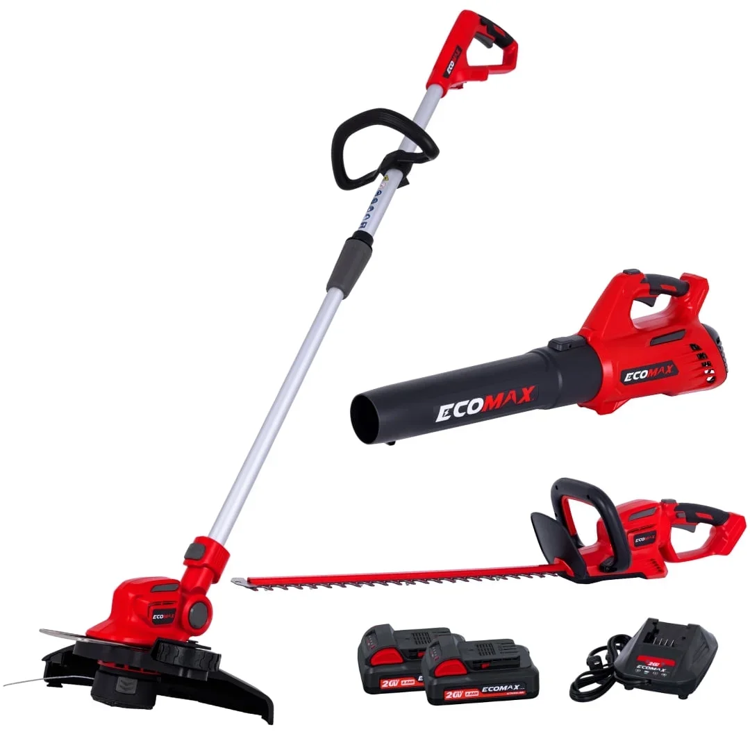 Ecomax EMA2002-002 20V Cordless Blower, String Trimmer & Hedge Trimmer Combo Kit – Includes (2) 2.0Ah Batteries & Charger 7678