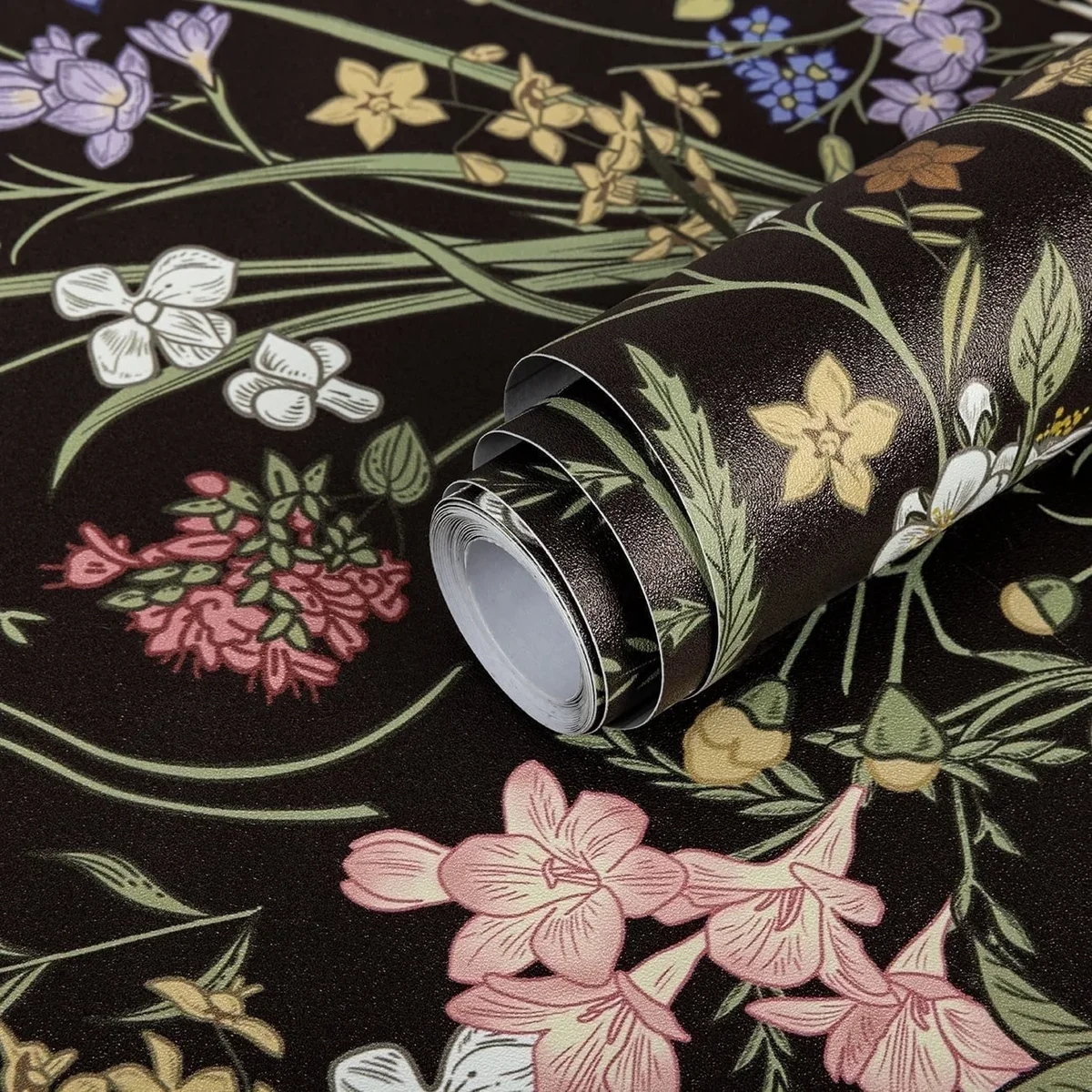 Everdaily Essentials Floral Peel and Stick Wallpaper 17.7" x 118" Black Flower Wallpaper Self-Adhesive Removable Contact Paper for Bedroom Kitchen Living Roo 9421