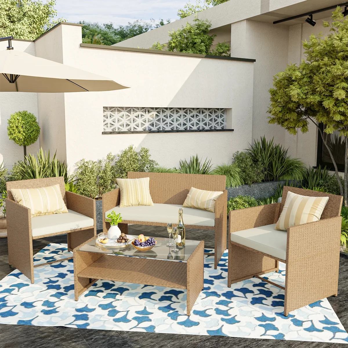 ELPOSUN 4-Piece Patio Rattan Furniture Set with Cushions & Tempered Glass Tabletop, Beige 1551