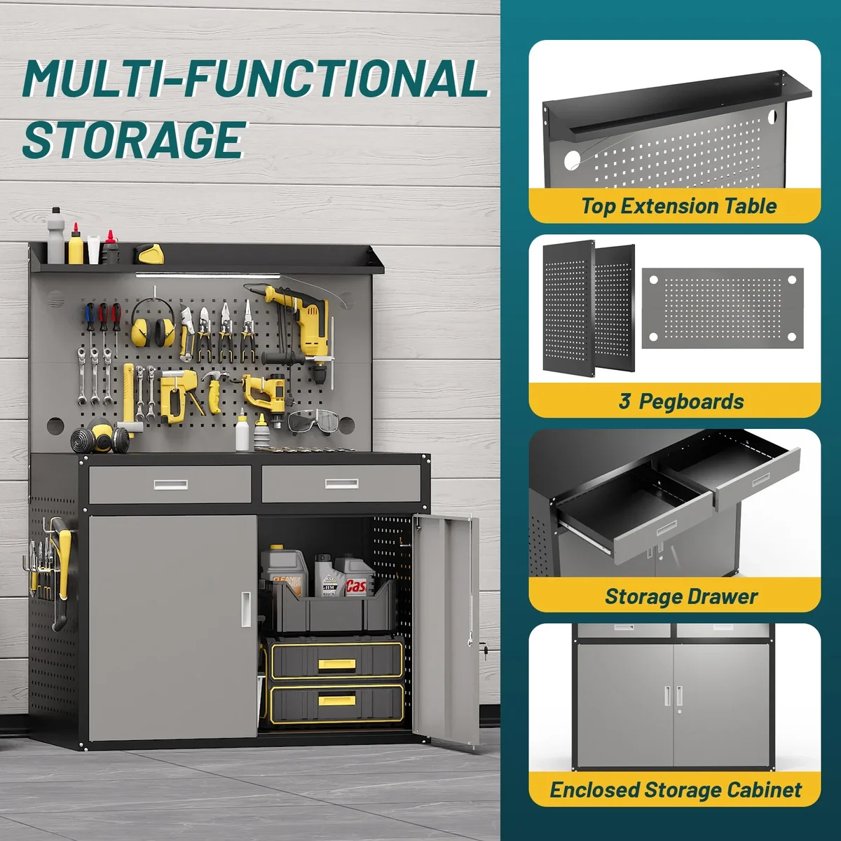 HIWALEN 65" Heavy Duty Workbench with Drawers and Lockable Storage Cabinet- 2000 LBS Capacity Work Bench with Pegboard Organiser,Work Table with Adjustab 2607