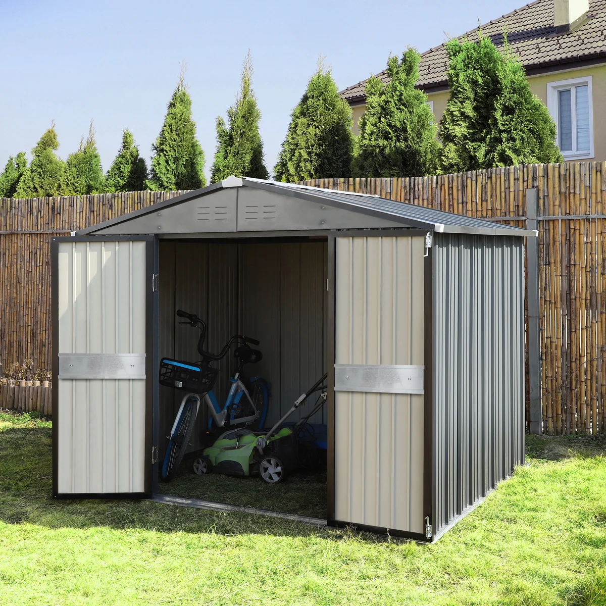 Everdaily Essentials 8'x10' Outdoor Storage Shed, Metal Tool Storage Sheds 80 sq ft, w/Lockable Door & Air Vent, Suitable for Garden, Patio, Gray 4601