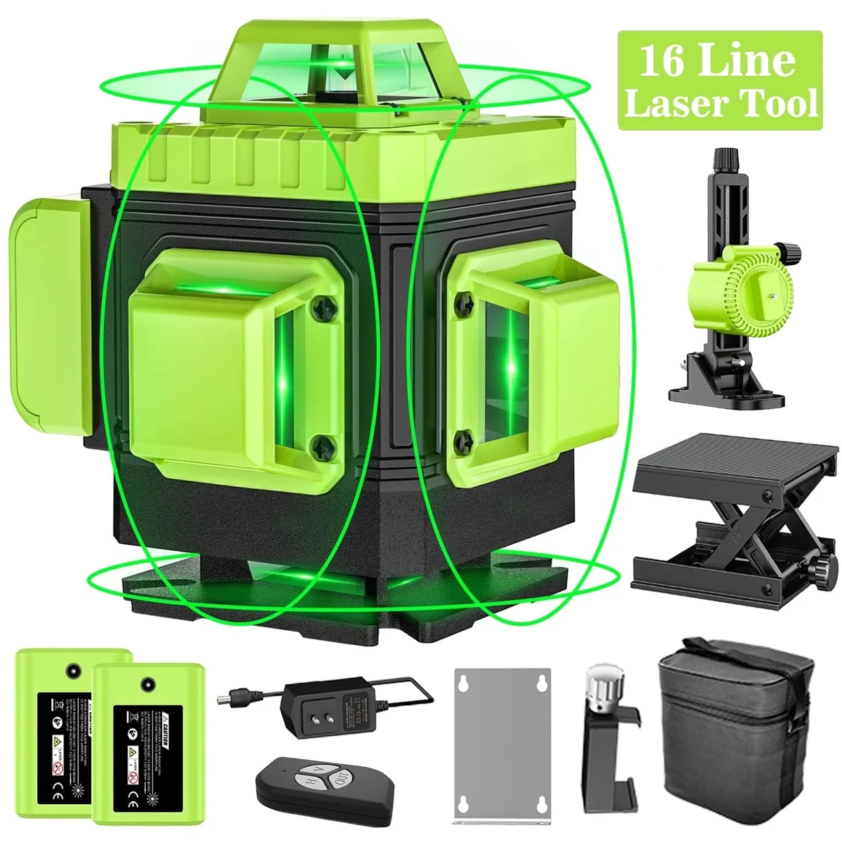 HDJ Laser Level Self Leveling,HDJ 16 Lines  4x360° Laser Level Tool,4D Green Cross Horizontal Vertical Laser Tool With Remote Control and 2PCS 2400m 7299