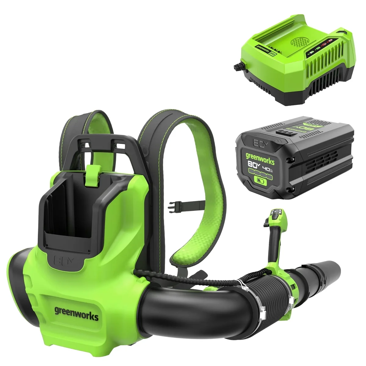 Greenworks 80V 750 CFM Battery Powered Backpack Leaf Blower, with 4.0Ah Battery and Rapid Charger 8451
