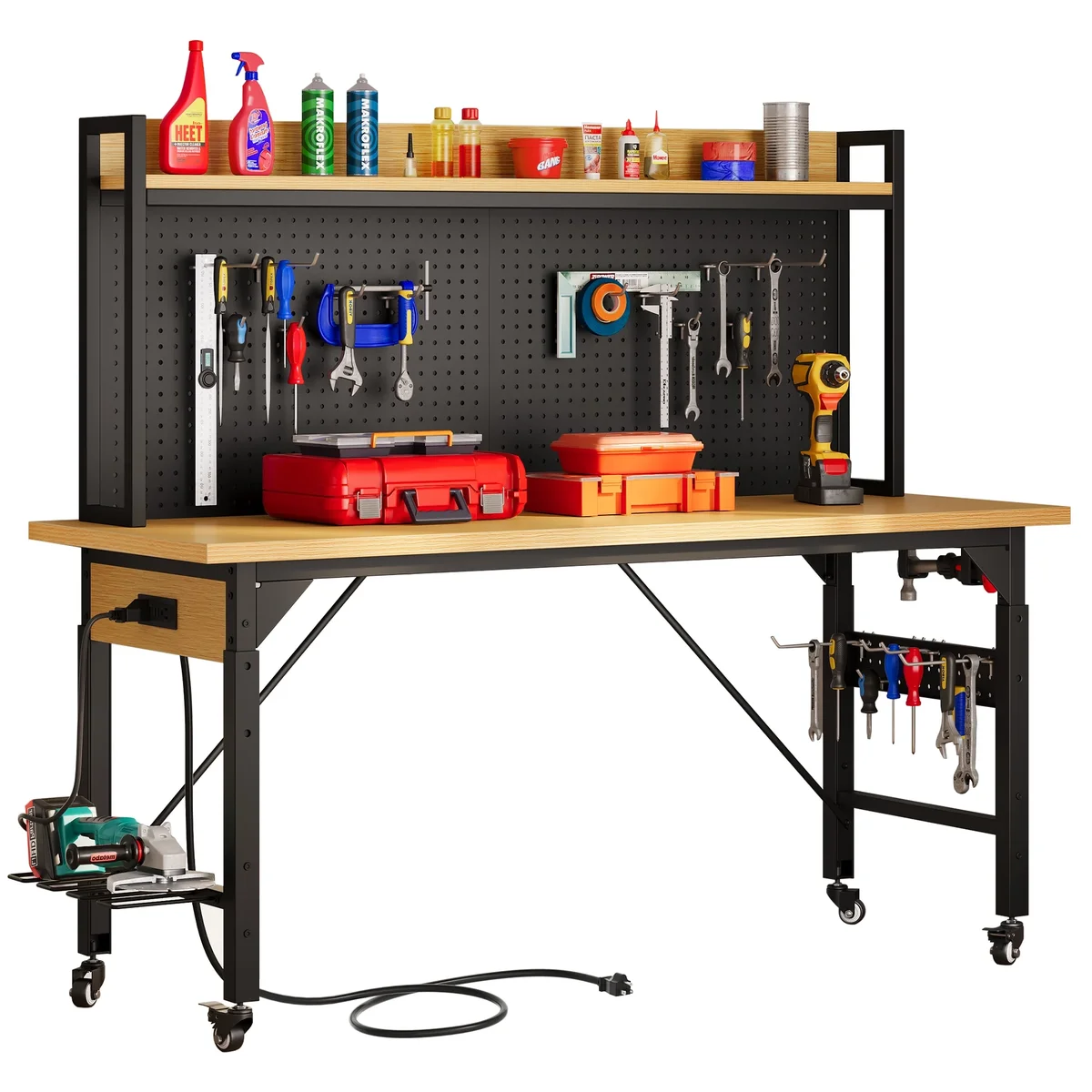 DEXTRUS Multifunctional Workbench with Wheels, 59.1" x 23.6" with Pegboard Worktable w/ Power Outlets, A3 Steel Work Bench For Garage max. Heavy  7604