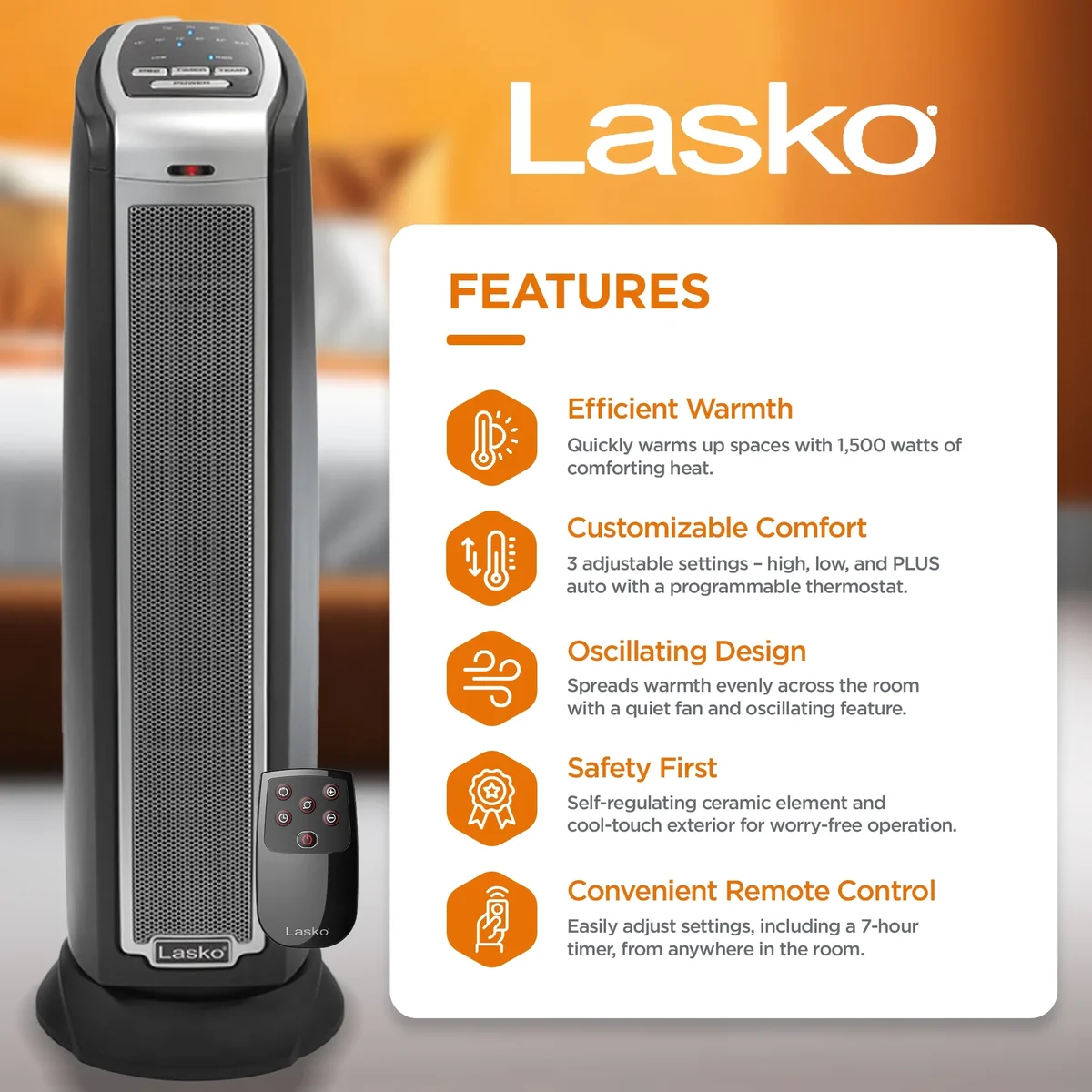 Everdaily Essentials 1500W Electric Oscillating Ceramic Tower Space Heater with Remote, 5790, Black Ref. 8319