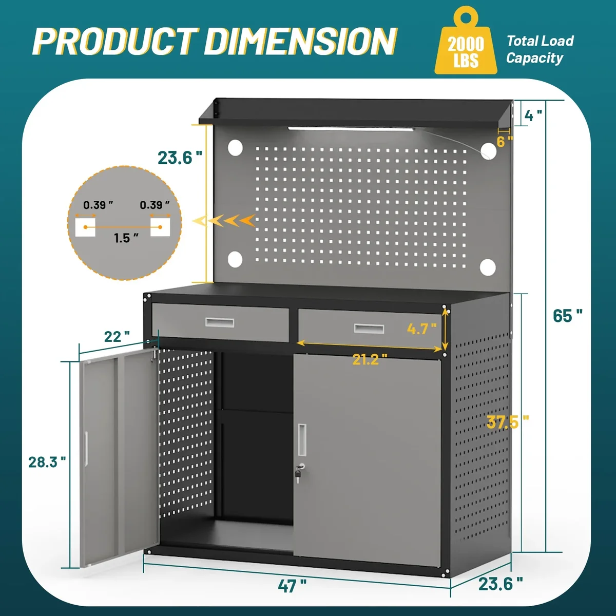 HIWALEN 65" Heavy Duty Workbench with Drawers and Lockable Storage Cabinet- 2000 LBS Capacity Work Bench with Pegboard Organiser,Work Table with Adjustab 2607