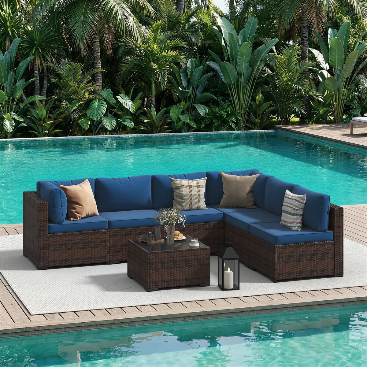 Dateyes 7-Piece Outdoor Patio Sectional Sofa Set, All-Weather Wicker Rattan Furniture with Coffee Table & Waterproof Cover (Blue) 1878