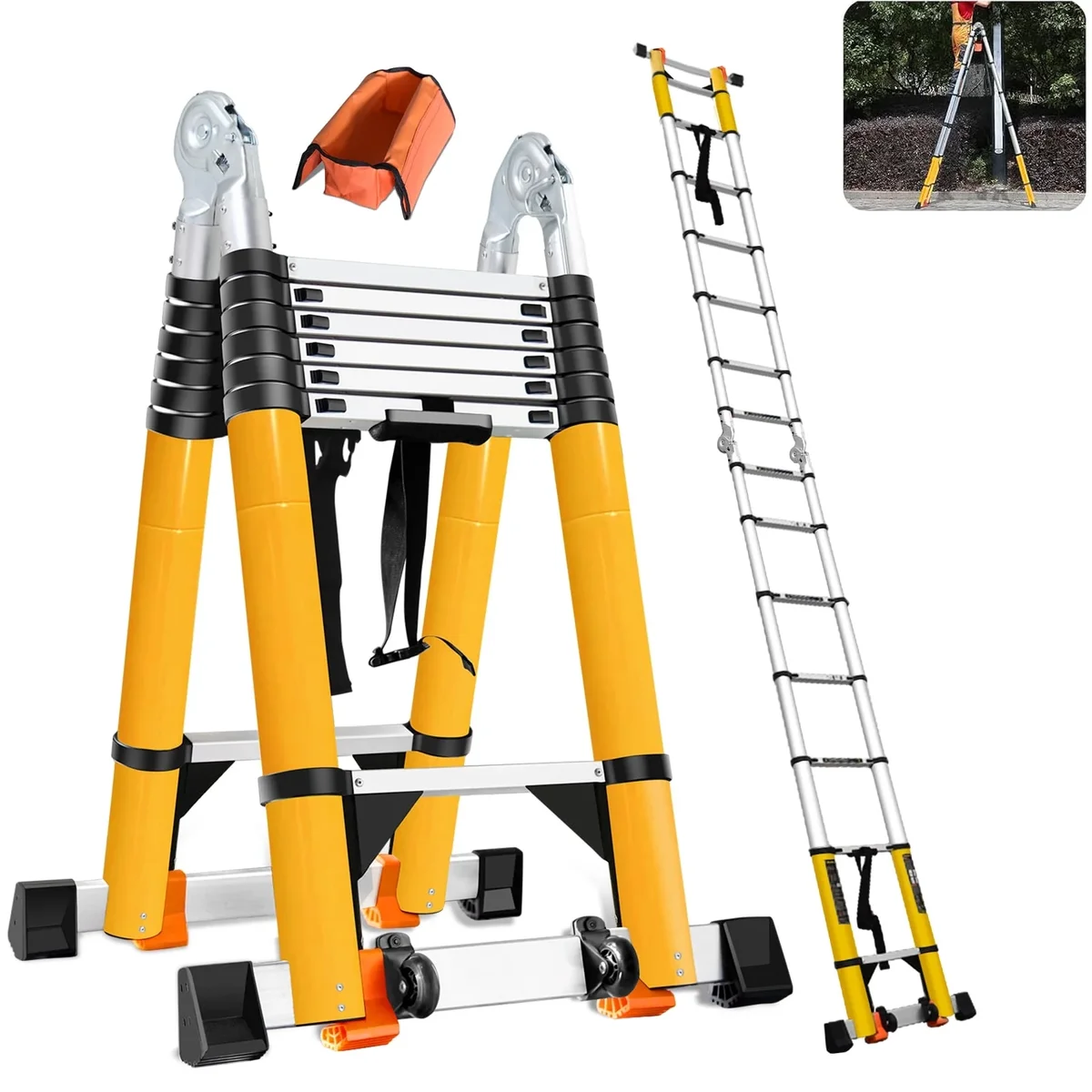 NUNET 20FT A Frame Telescoping Ladder, Portable Type-A Collapsible Extension Ladder w. Double Balance Bars, Securing Straps, Wheels & Tools Bag, EN131  2773