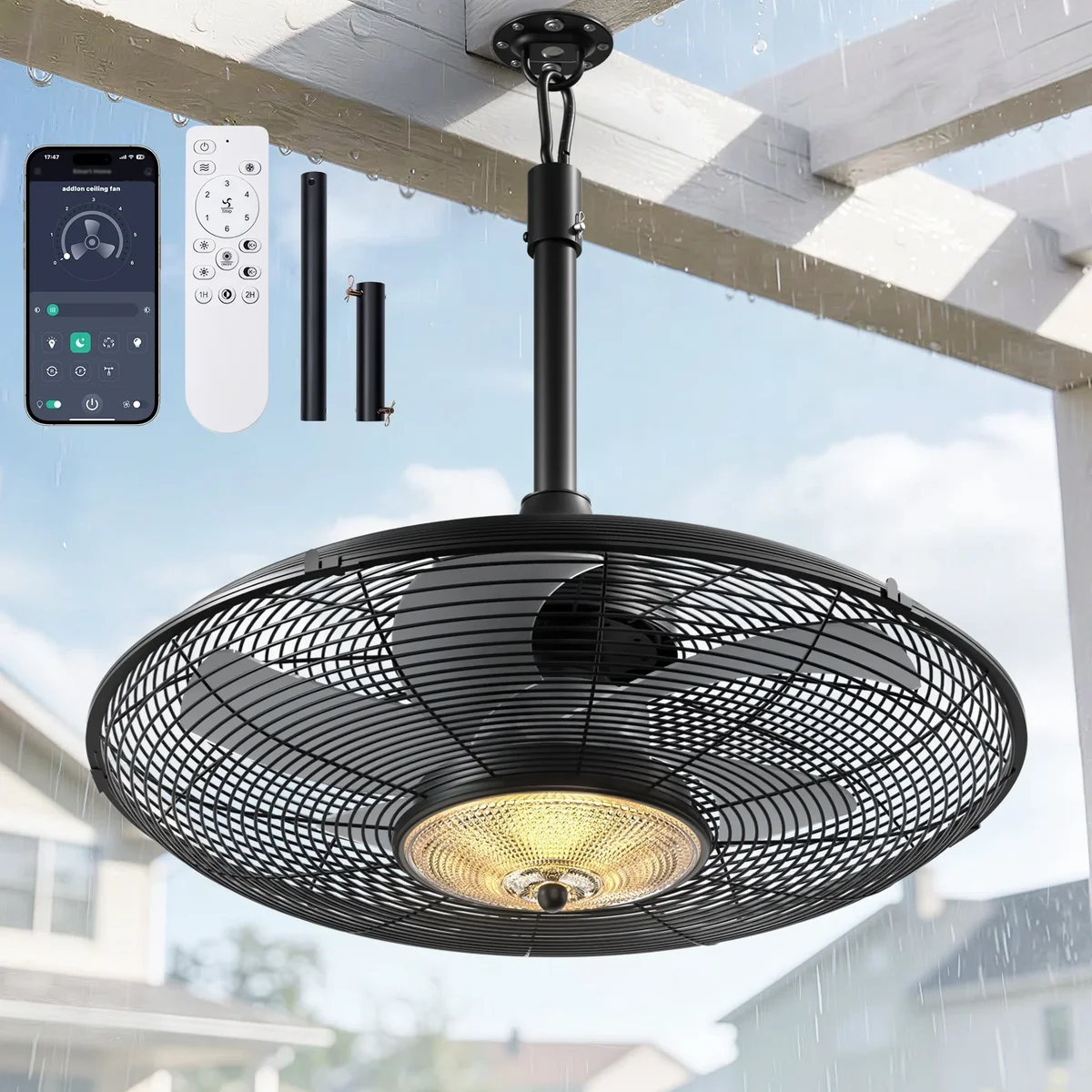 AIDEL 20" Outdoor Ceiling Fan with Light, IP65 Waterproof, Plug-In with Hook, Remote & App Control, 6 Speeds, 3CCT Dimmable, Caged Hanging Fan 5520