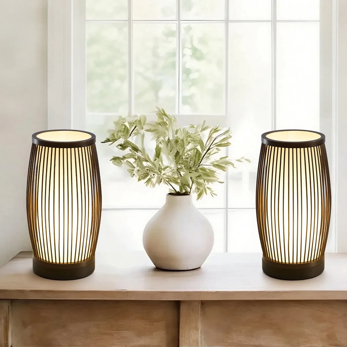 Booniture Set of 2 Boho Bamboo Table Lamps,Handmade Woven Bedside Lamp,Nightstand Lamp for Kids Room, Living Romm, Bedroom, Dorm Decor,Walnut 4234