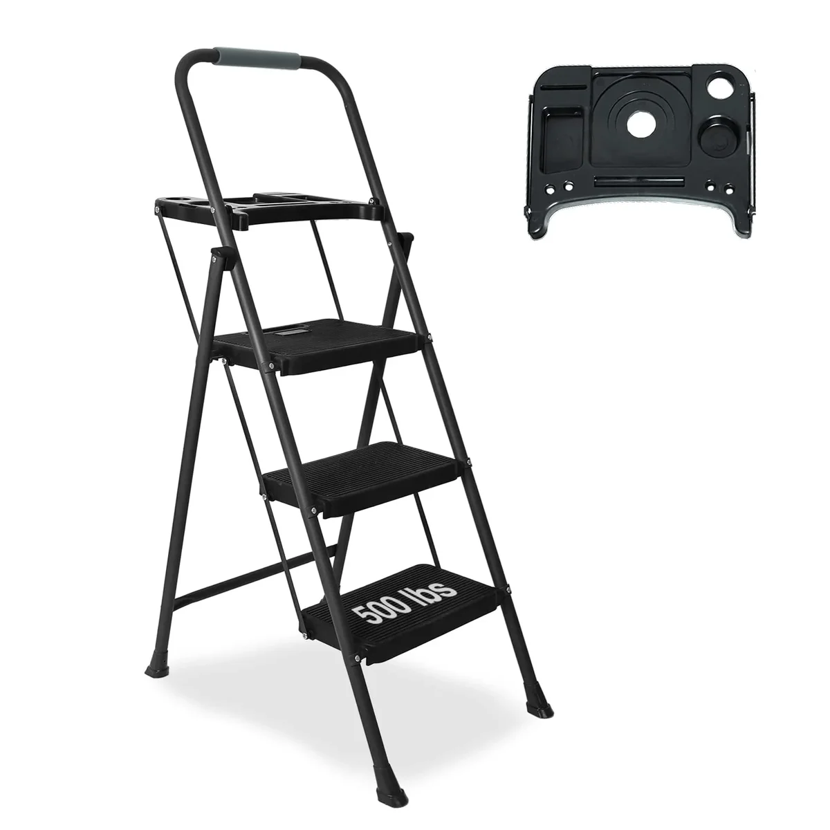 Confote 3 Step Ladder with Tool Tray Platform, Folding Step Stool with Handrail, Wide Non-Slip Pedal, 500lb, Black 4957