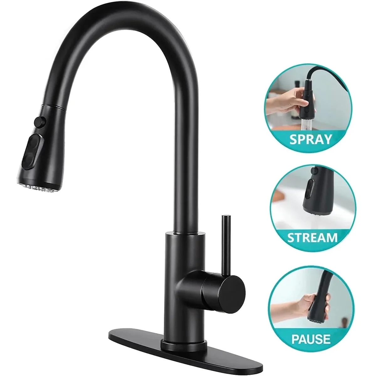PHANCIR Kitchen Faucet with Pull Down Sprayer, High Arc Single Handle Kitchen Sink Faucets with Pause Button Premium with Deck Plate Suit to 1 or 3037
