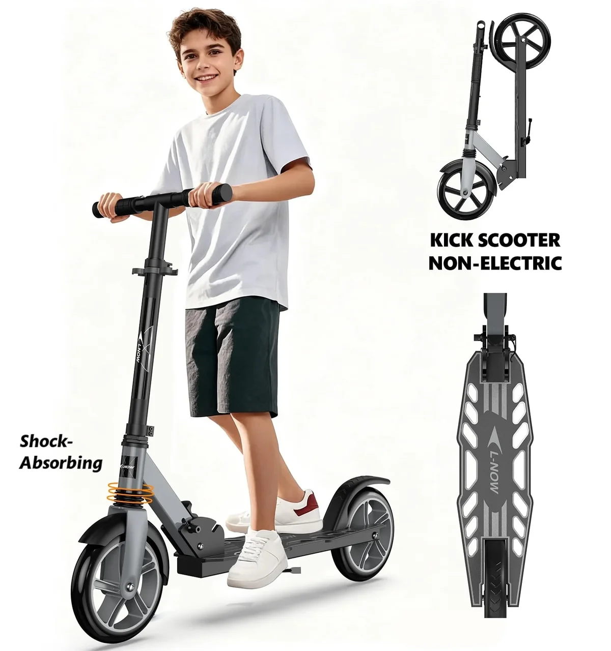 LNOW Foldable Kick Scooter for Kids, Teens & Adults - 8 Inch Large Wheels, 4-Level Height Adjustable, Lightweight, Max Load 240lbs 9940
