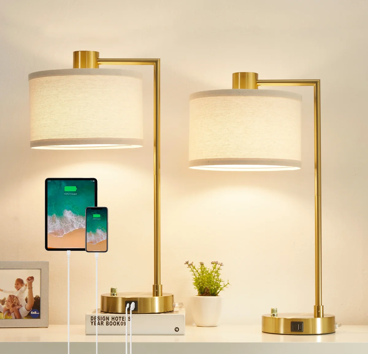 NATYSWAN Table Lamp for Bedroom Set of 2 with USB C+A Ports, Fully Stepless Dimmable Bedside Lamp with Linen Lampshade, Nightstand Lamp for Livin 5436