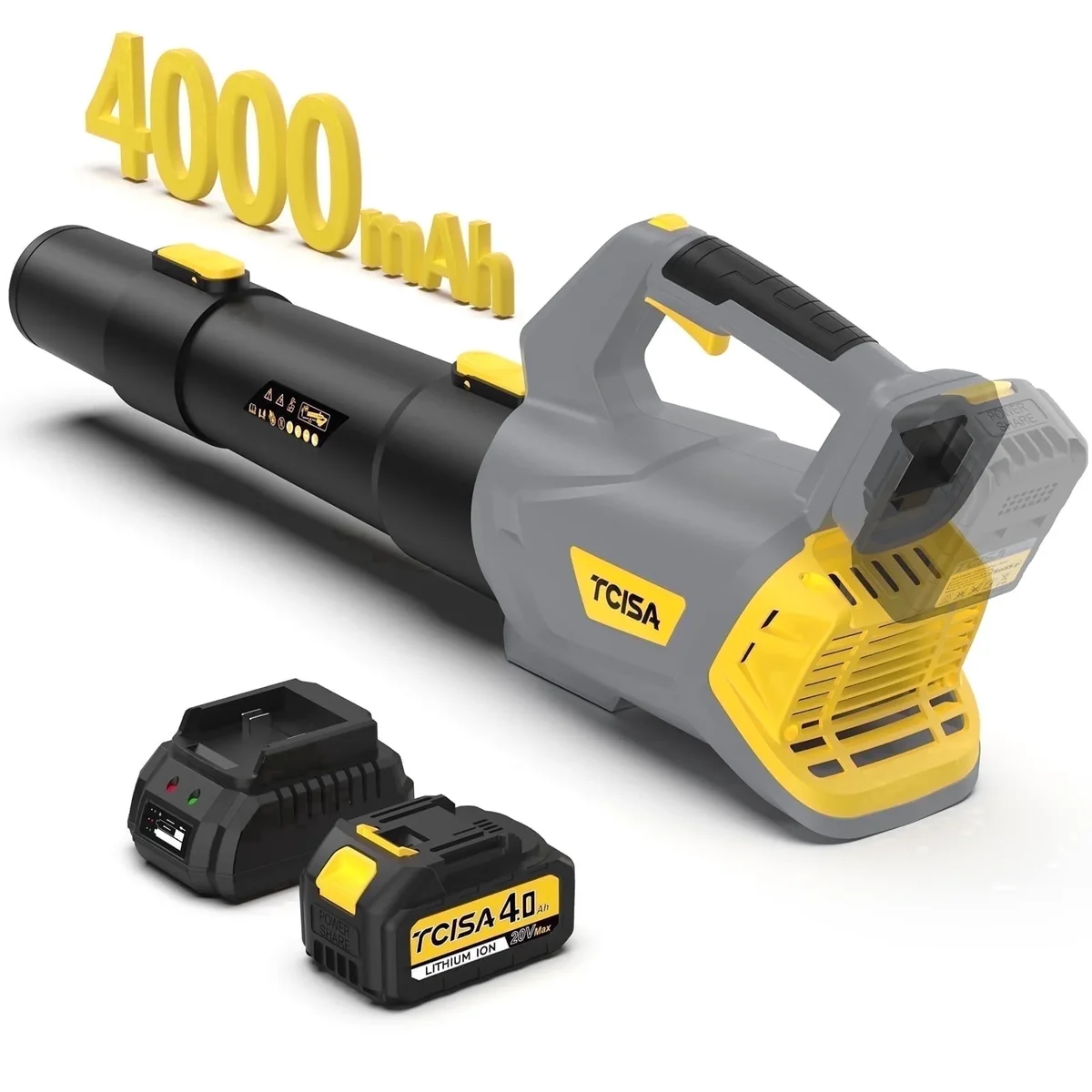 Tcisa 20V Cordless Leaf Blower with 4000mAh Battery and Charger, Lightweight Handheld Leaf Blower Cordless, 450CFM 160MPH Power for Yard, Lawn, G 7253