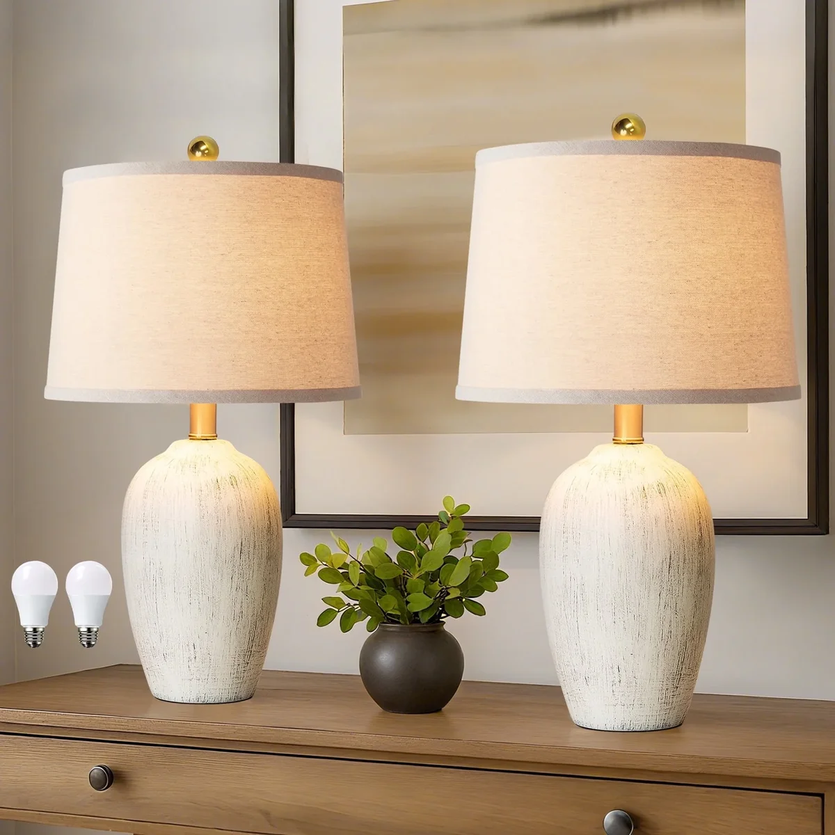 Everdaily Essentials 21" Linen Lampshade Off-White Ceramic Table Lamp Set of Two Ideal for Bedside Tables in Bedrooms or Living Rooms (Bulb Included) 1168