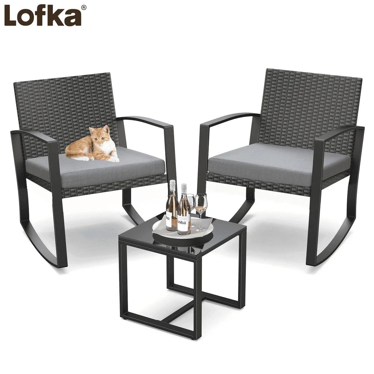 Lofka Patio Furniture Set Lofka 3 Pieces Outdoor Rocking Chairs Set with Glass Coffee Table for Garden, Bistro, Porch, Balcony, Backyard, Gray Cushion 1323
