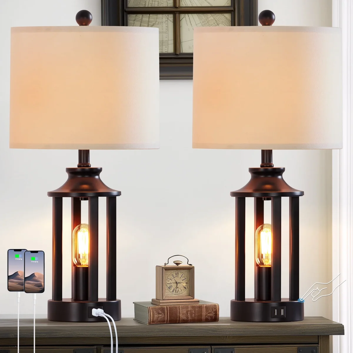 Cinkeda Modern Table Lamp Set of 2 with USB Ports 3 Way Dimmable Nightlight Industrial Black Bedside Lamps for Bedroom Living Room 3693