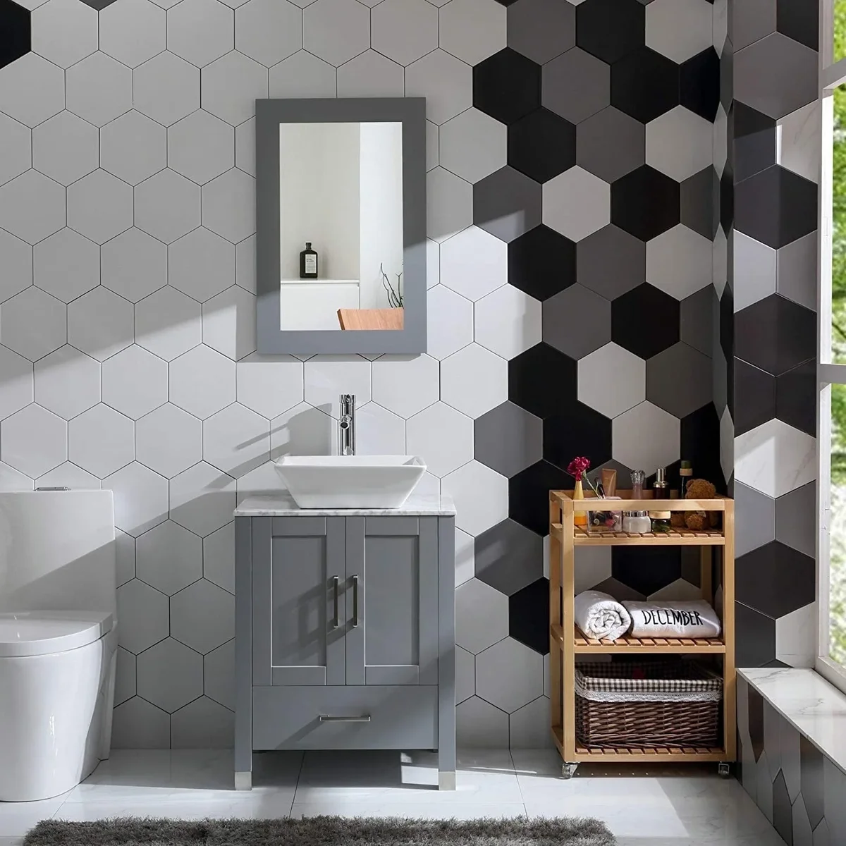 Goodyo 24"  Bathroom Vanity and Sink Combo Solid Wood Structure Marble Pattern Top Mirror, Faucet, Gray 3710