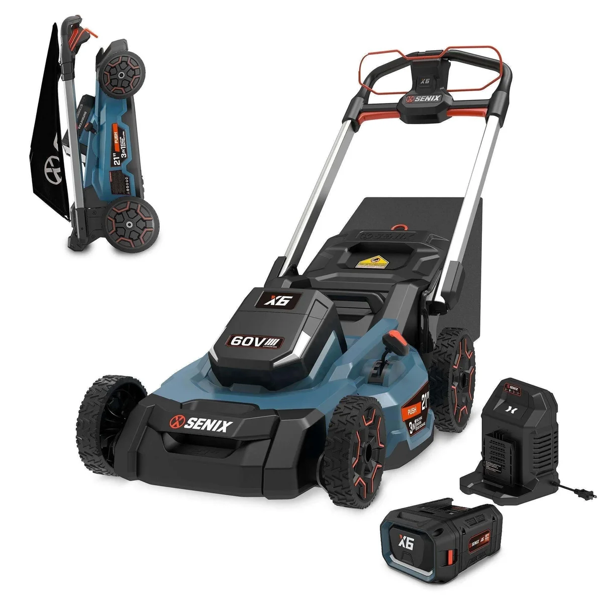 SENIX 60V 21" Cordless Lawn Mower, Electric Push Mower 3-in-1 with 3 Mowing Modes, Smart LED Display, 7-Position Cutting Height Adjustment,6Ah Li 9911