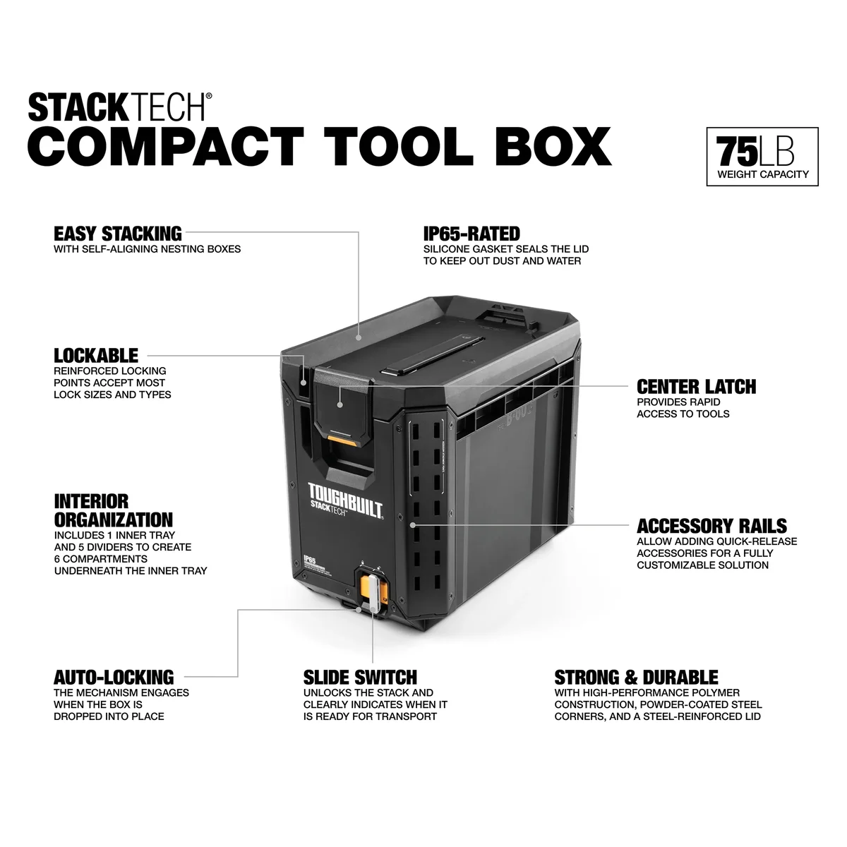 ToughBuilt StackTech Compact Tool Box Lockable Organizer, Removable Tray 6892