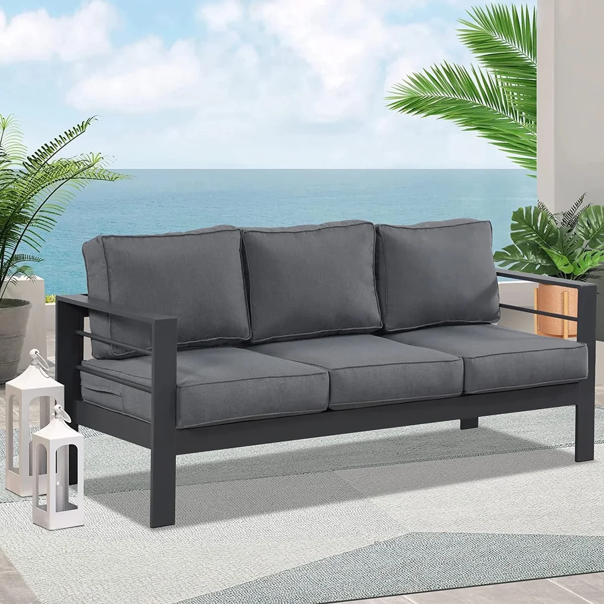 Heynemo 3 Seats Patio Aluminum Sofa Furniture, Metal Outdoor Couch with Cushions, Dark Grey 3610