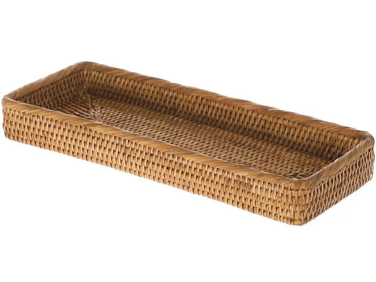 Everdaily Essentials La Jolla Elongated Rattan Vanity Tray Wicker Storage For Paper, Hand Towel Bathroom Vanity Organizer Countertop, Honey Brown 1271
