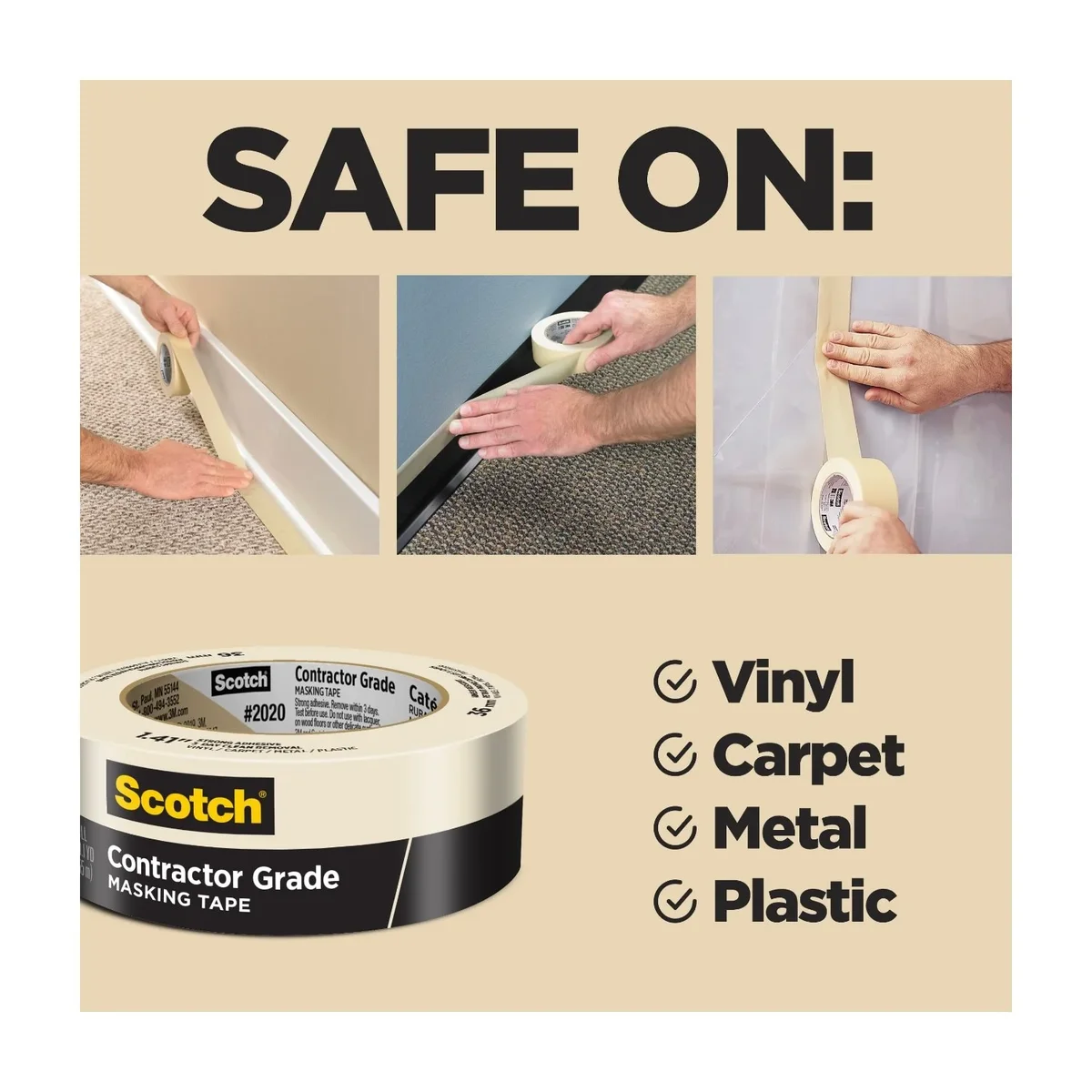 Scotch Contractor Grade Masking Tape, 1.88 in x 60.1 yd, Tan, 3 Rolls 6701