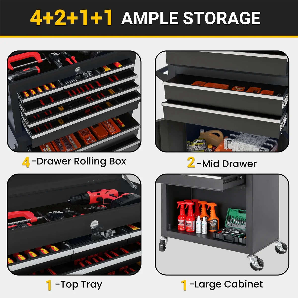 Seizeen 2-IN-1 Tool Chest & Cabinet, Large Capacity 8-Drawer Rolling Tool Box Organizer with Wheels Lockable, Black 4059