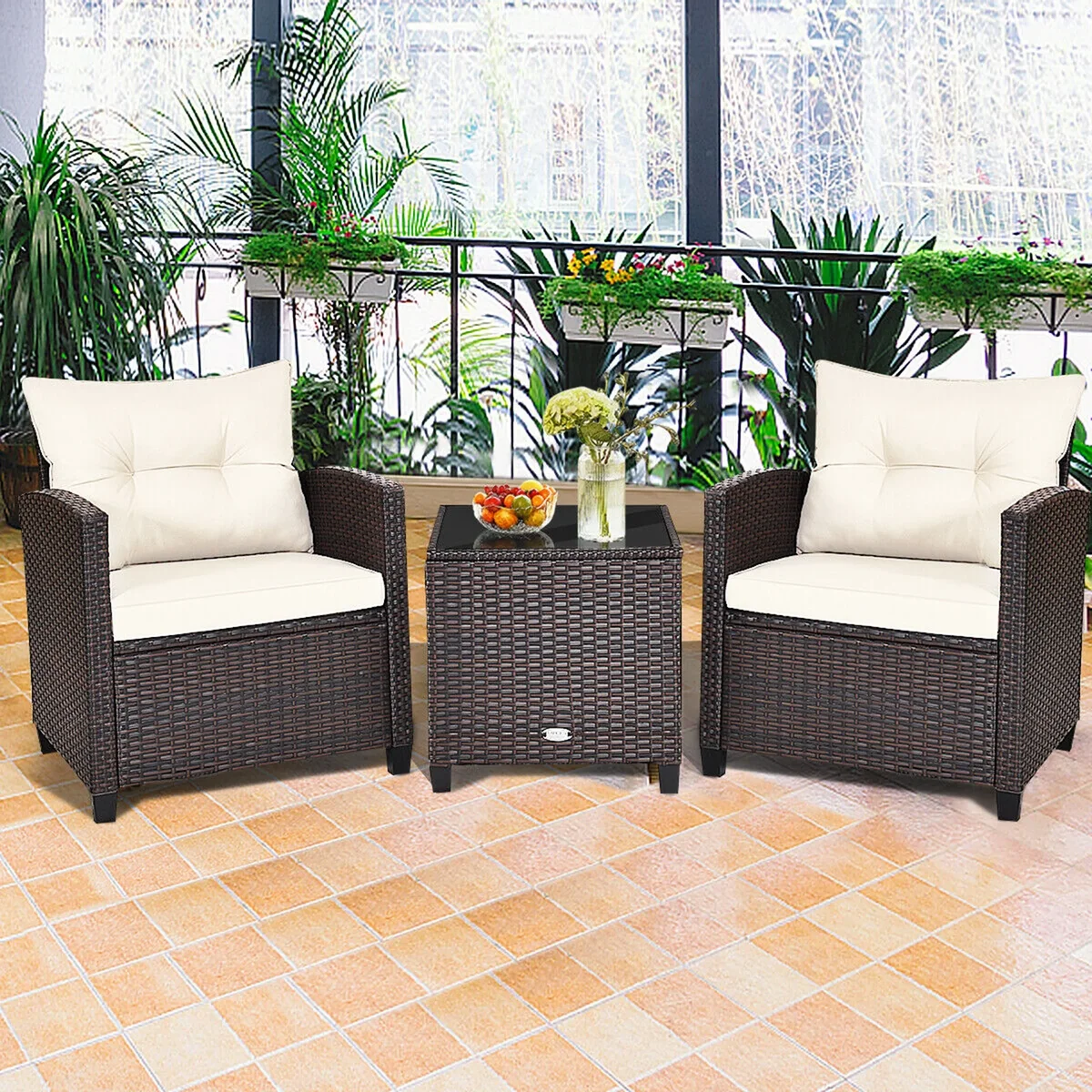 Gymax 3PCS Outdoor Patio Rattan Conversation Set Garden Yard w/ Off White Cushions 0227