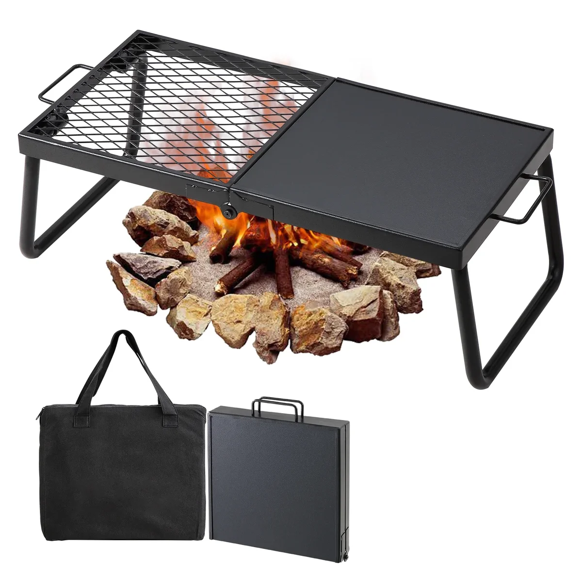 KFFKFF Folding Campfire Grill, Collapsible Outdoor Grill, Heavy Duty Steel Camp Fire Grill, 24"×12" Compact Travel-Friendly Grates for Fire Pit, 1502