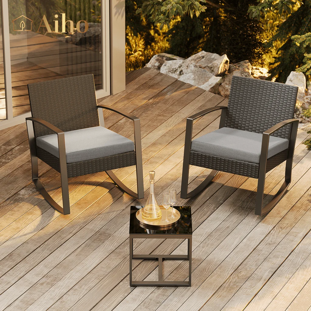 Aiho Patio Furniture Set, 3 PCS Outdoor Rocking Chairs Set with Glass Table for Garden, Backyard, Poolside, Balcony, Patio and Porch, Gray Cushion 7342