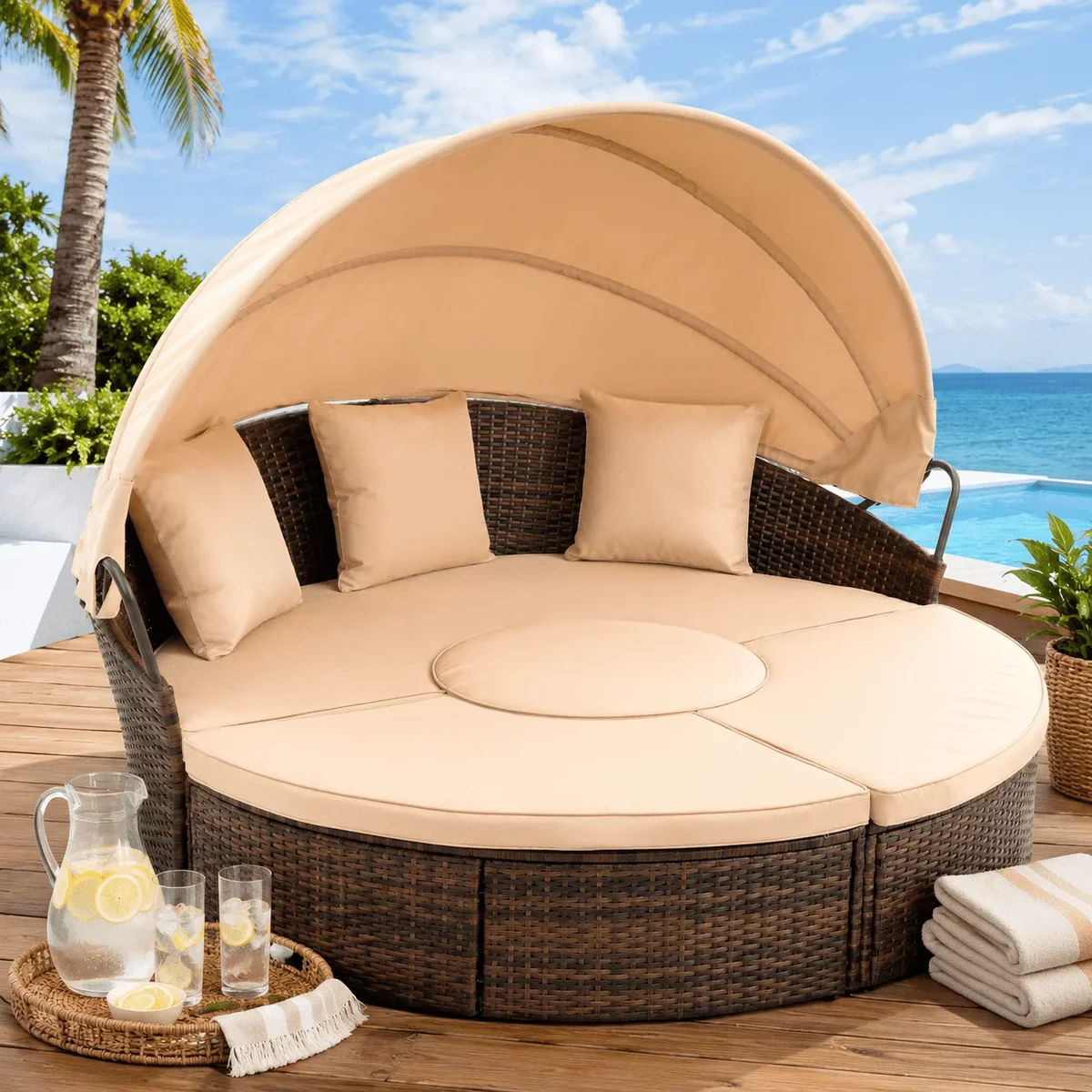 Seizeen 4-piece Outdoor Patio Daybed with Retractable Canopy, Rattan Wicker Sectional Conversation Soft Set, Pool Furniture Set with Lifting Ottoman Tabl 9765