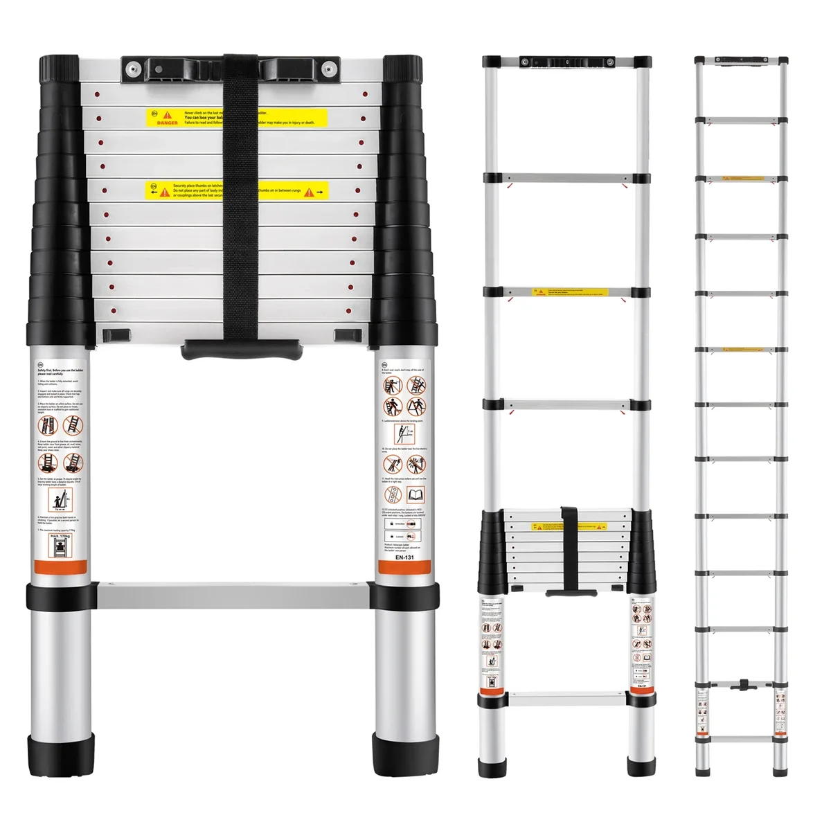 KFFKFF 12.5FT Telescoping Ladder 375lbs Load Capacity Aluminum Telescopic Extension Ladder, Multi-purpose Collapsible Ladder for RV, Home or Outd 7345